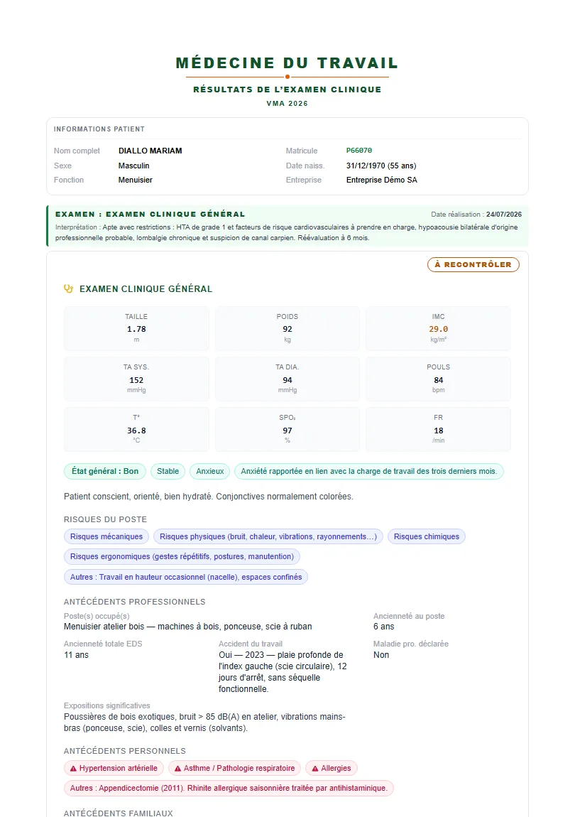 Bulletin d'examen clinique, début : identité du patient, constantes et antécédents